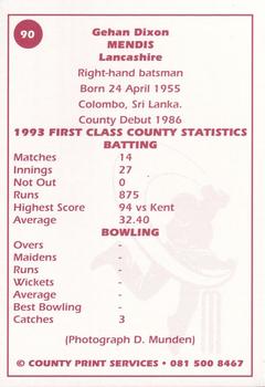1993 County Print Services County Cricketers Autograph Series #90 Gehan Mendis Back