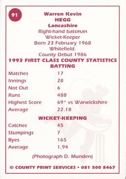 1993 County Print Services County Cricketers Autograph Series #91 Warren Hegg Back