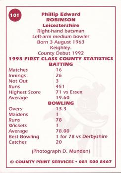 1993 County Print Services County Cricketers Autograph Series #101 Phillip Robinson Back
