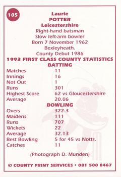 1993 County Print Services County Cricketers Autograph Series #105 Laurie Potter Back