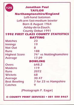 1993 County Print Services County Cricketers Autograph Series #125 Jonathan Taylor Back