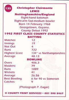 1993 County Print Services County Cricketers Autograph Series #135 Chris Lewis Back