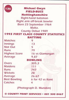 1993 County Print Services County Cricketers Autograph Series #136 Michael Field-Buss Back