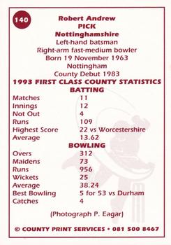 1993 County Print Services County Cricketers Autograph Series #140 Robert Pick Back