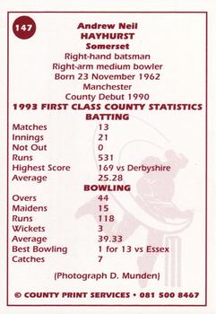 1993 County Print Services County Cricketers Autograph Series #147 Andrew Hayhurst Back
