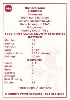 1993 County Print Services County Cricketers Autograph Series #148 Richard Harden Back
