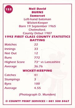 1993 County Print Services County Cricketers Autograph Series #153 Neil Burns Back