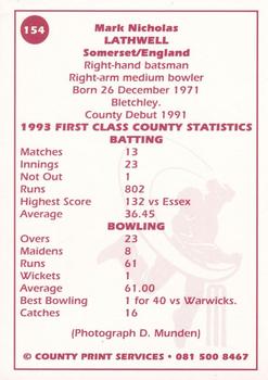 1993 County Print Services County Cricketers Autograph Series #154 Mark Lathwell Back