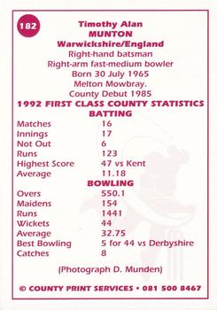 1993 County Print Services County Cricketers Autograph Series #182 Tim Munton Back