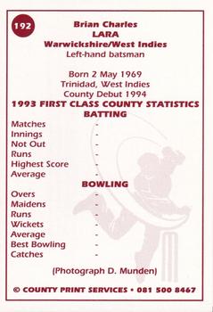 1993 County Print Services County Cricketers Autograph Series #192 Brian Lara Back