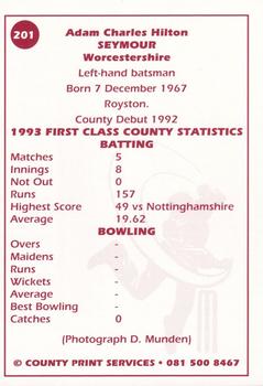 1993 County Print Services County Cricketers Autograph Series #201 Adam Seymour Back