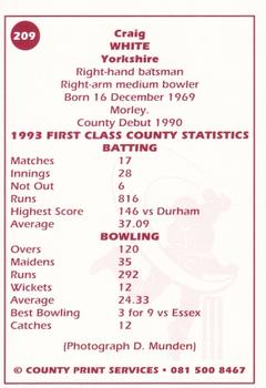 1993 County Print Services County Cricketers Autograph Series #209 Craig White Back