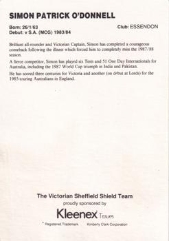 1988-89 Kleenex Tissues Victorian Sheffield Shield Team #NNO Simon O'Donnell Back
