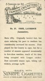 1925 R & J Hill Sunrise Famous Cricketers Including the S.Africa Test Team (Standard) #37 Lawrence Cook Back