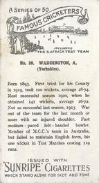1925 R & J Hill Sunrise Famous Cricketers Including the S.Africa Test Team (Standard) #39 Abe Waddington Back