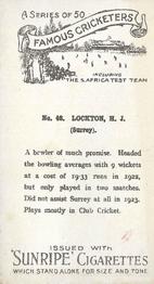 1925 R & J Hill Sunrise Famous Cricketers Including the S.Africa Test Team (Standard) #48 John Lockton Back