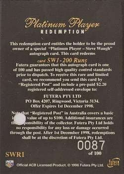 1996 Futera The Decider - Steve Waugh Platinum Player Autographs Redemptions #SWR1 Redemption Card Back