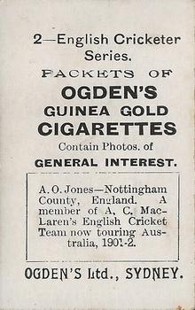 1901-02 Ogden's English Cricketer Series #2 Arthur Jones Back