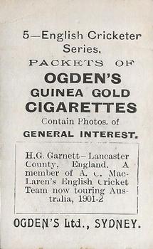 1901-02 Ogden's English Cricketer Series #5 Harold Garnett Back