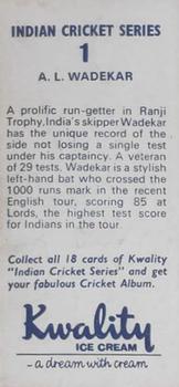 1972 Kwality Ice Cream Indian Cricket Series #1 Ajit Wadekar Back