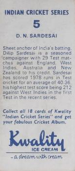 1972 Kwality Ice Cream Indian Cricket Series #5 Dilip Sardesai Back