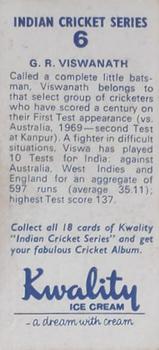 1972 Kwality Ice Cream Indian Cricket Series #6 Gundappa Viswanath Back