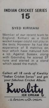 1972 Kwality Ice Cream Indian Cricket Series #15 Syed Kirmani Back
