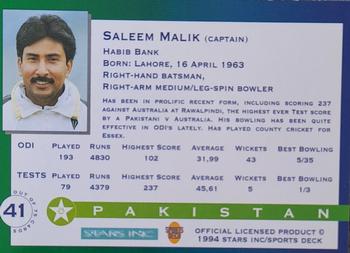1994 Sportsdeck Mandela Trophy #41 Saleem Malik Back