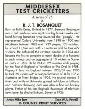 1994 County Print Services Middlesex Test Cricketers #2 Bernard Bosanquet Back