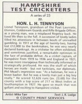 1993 County Print Services Hampshire Test Cricketers #22 Lionel Tennyson Back