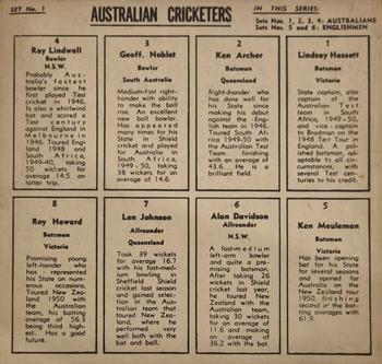 1951 Coles Australian & English Cricketers - Un-Cut Sheet #1 Lindsay Hassett / Ken Archer / Geff Noblet / Ray Lindwall / Ken Meuleman / Alan Davidson / Len Johnson / Roy Howard Back