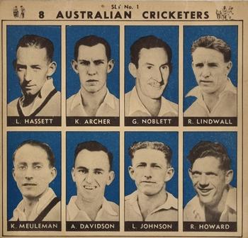 1951 Coles Australian & English Cricketers - Un-Cut Sheet #1 Lindsay Hassett / Ken Archer / Geff Noblet / Ray Lindwall / Ken Meuleman / Alan Davidson / Len Johnson / Roy Howard Front