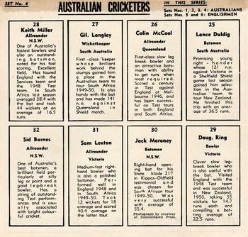 1951 Coles Australian & English Cricketers - Un-Cut Sheet #4 Lance Duldig / Colin McCool / Gil Langley / Keith Miller / Doug Ring / Jack Moroney / Sam Loxton / Sidney Barnes Back