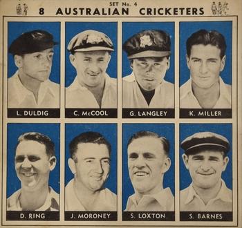 1951 Coles Australian & English Cricketers - Un-Cut Sheet #4 Lance Duldig / Colin McCool / Gil Langley / Keith Miller / Doug Ring / Jack Moroney / Sam Loxton / Sidney Barnes Front