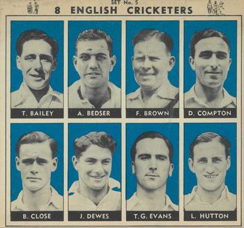 1951 Coles Australian & English Cricketers - Un-Cut Sheet #5 Trevor Bailey / Alec Bedser / Freddie Brown / Denis Compton / Brian Close / John Dewes / Godfrey Evans / Len Hutton Front