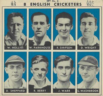 1951 Coles Australian & English Cricketers - Un-Cut Sheet #6 Eric Hollies / Gilbert Parkhouse / Reg Simpson / Douglas Wright / David Sheppard / Robert Berry / John Warr / Cyril Washbrook Front