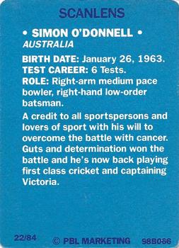 1989-90 Scanlens Stimorol Cricket #22 Simon O'Donnell Back