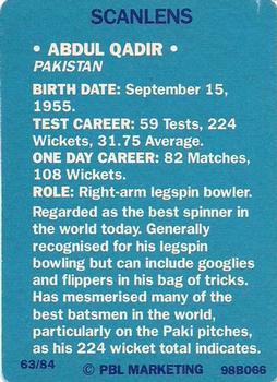 1989-90 Scanlens Stimorol Cricket #63 Abdul Qadir Back