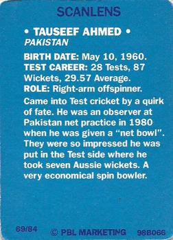 1989-90 Scanlens Stimorol Cricket #69 Tauseef Ahmed Back