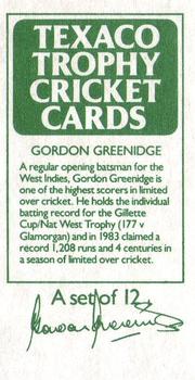 1984 Texaco Trophy Cricket #NNO Gordon Greenidge Back