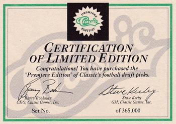1991 Classic #NNO Certification of Limited Edition Front