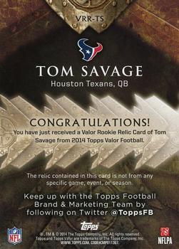 2014 Topps Valor - Rookie Relics #VRR-TS Tom Savage Back