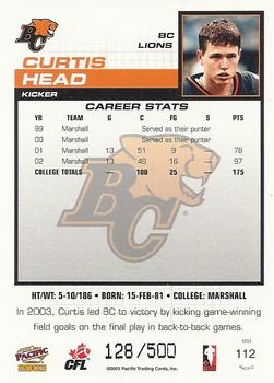 2003 Pacific  CFL #112 Curtis Head Back