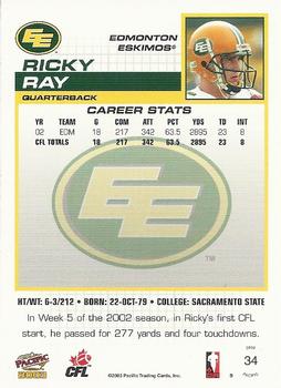 2003 Pacific  CFL #34 Ricky Ray Back