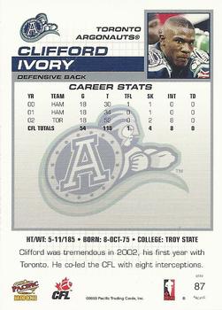 2003 Pacific  CFL #87 Clifford Ivory Back