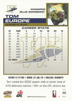 2003 Pacific  CFL #98 Tom Europe Back