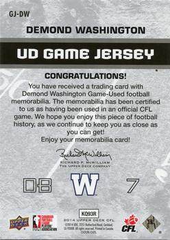 2014 Upper Deck CFL - UD Game Jersey #GJ-DW Demond Washington Back