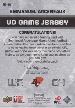 2014 Upper Deck CFL - UD Game Jersey #GJ-EA Emmanuel Arceneaux Back