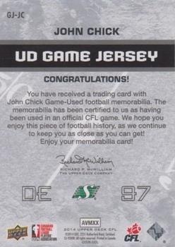 2014 Upper Deck CFL - UD Game Jersey #GJ-JC John Chick Back