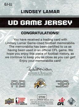 2014 Upper Deck CFL - UD Game Jersey #GJ-LL Lindsey Lamar Back